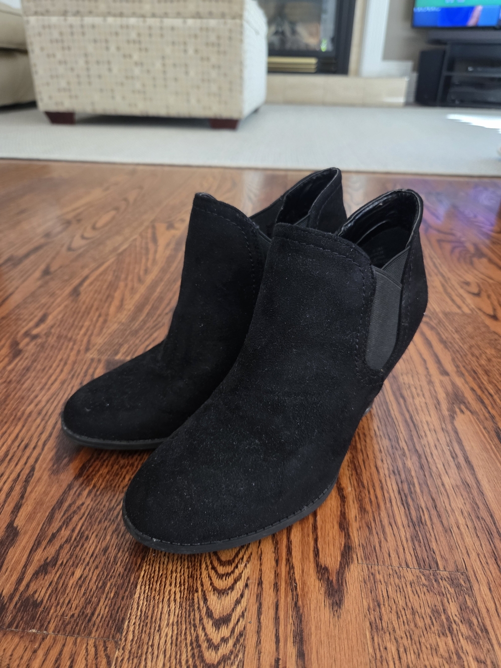 Women's Black Suede Heeled Ankle Boots - Sleek Slip-On Design